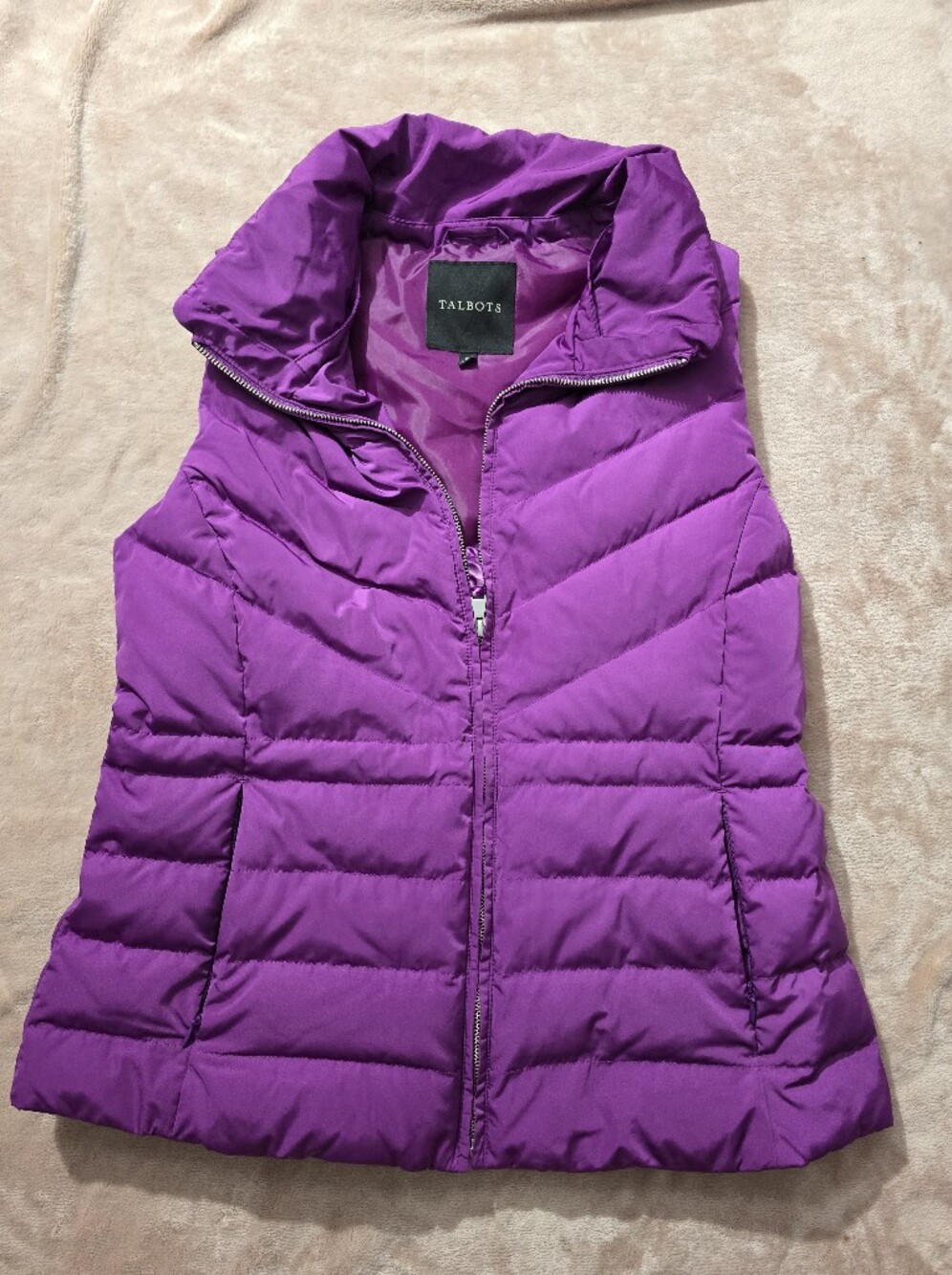 Talbots Voila Purple Down Puffer Vest Chevron Quilted Full Zip Sleeveless  M